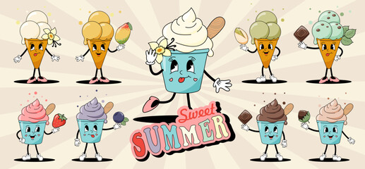 Fototapeta premium Characters in the form of ice cream, design of the 60-70s, groovy hipster. Ice cream with flavors of mango, vanilla, strawberries, pistachios, chocolate, mint.
