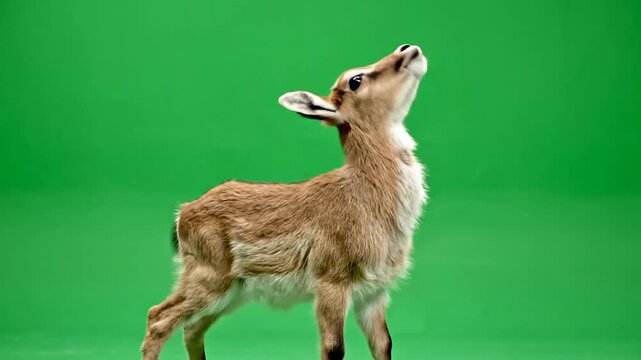 A small fawn or young deer-like animal with light brown fur stands against a vibrant green screen, looking up with curiosity.