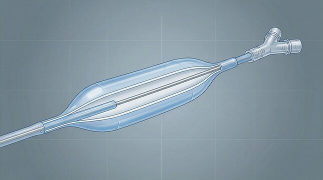 Medical illustration of a balloon angioplasty catheter with deflated balloon and catheter hub