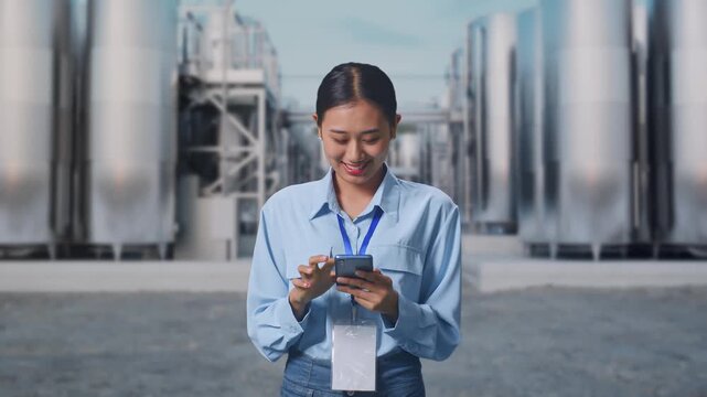 Asian Female With Her Smarphone at Chemical Plant with Row of Stainless Steel Storage Silos, Work Continuously On Her Device