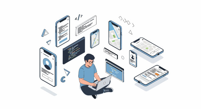 Isometric Software Developer Coding Mobile Applications and UI/UX Interfaces on Laptop - Vector Illustration Concept for Tech and Programming