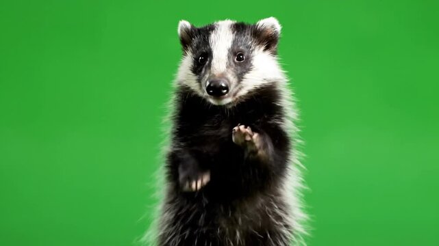 A European badger stands upright on its hind legs, looking directly forward against a vibrant green screen background.