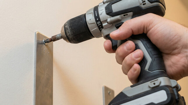 Man screwing in TV mount using power drill on wall  