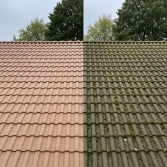 Naklejka premium Comparison of a dirty and cleaned roof with visible moss removal