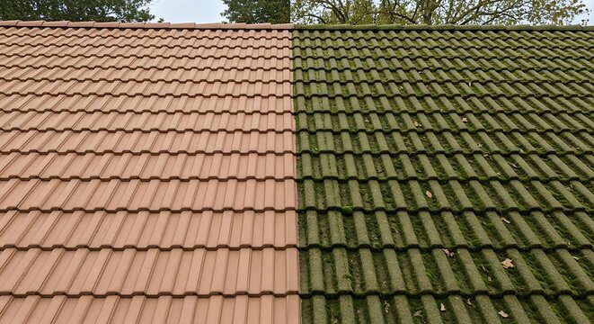 Roof tiles: side-by-side showing cleaned vs. moss-covered sections
