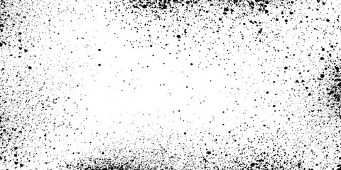 Abstract rectangular frame composed of scattered black ink dots on a clean white surface area © designershammi99