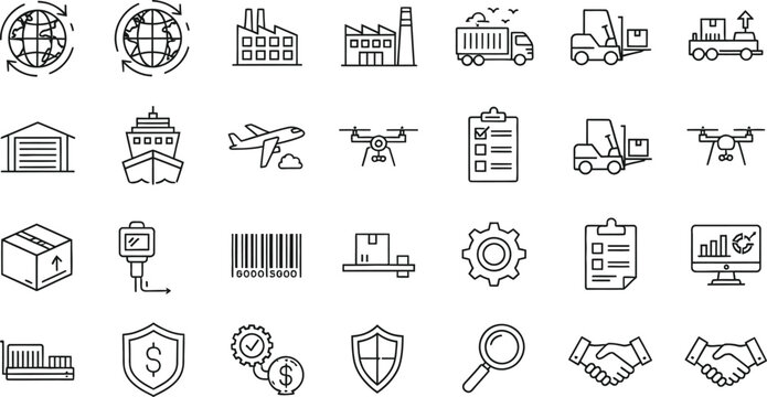 Global logistics and supply chain management line icon set