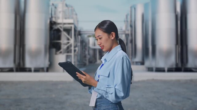 Side View Of Asian Female With Her Tablet at Chemical Plant with Row of Stainless Steel Storage Silos, Checking On Her Tablet With Meditation