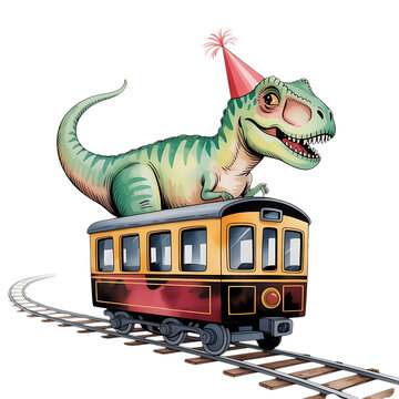 Happy T Rex Dinosaur Riding a Train, Wearing a Party Hat