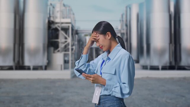Side View Of Asian Female With Her Smartphone at Chemical Plant with Row of Stainless Steel Storage Silos, Checking With Dissapionted And Nodding Her Shead 