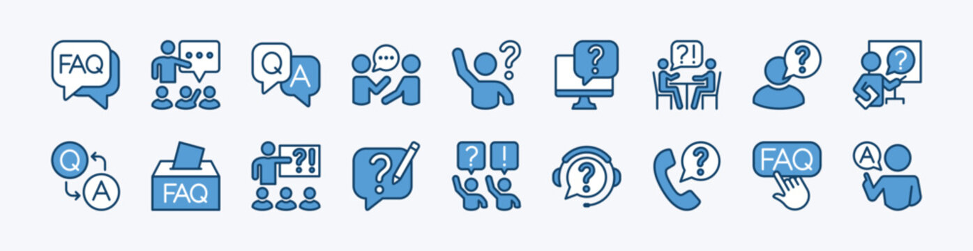 Set of FAQ icon. Contains chat speech bubble of questions, help, support, answers, problem, solution, discussion, phone call, talk, communication, comment, conversation, box - vector illustration