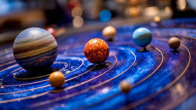 Intricate miniature solar system model with planets orbiting in stylized cosmic paths, perfect for educational display