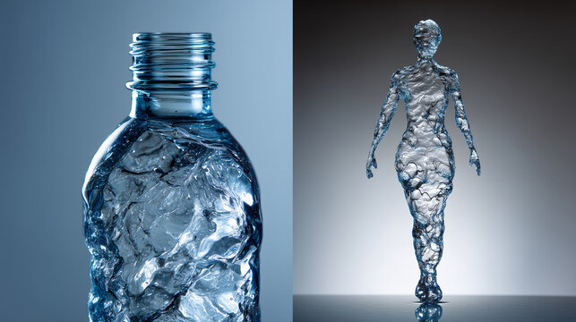 A water bottle morphing into a silhouette of the human body made of water