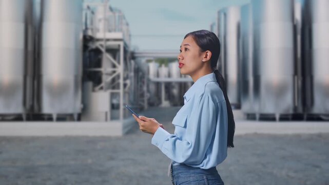 Side View Of Asian Female at Chemical Plant with Row of Stainless Steel Storage Silos, Observes By Looking Up Then She Come To Concentrating On The Phone And Keep On Checking
