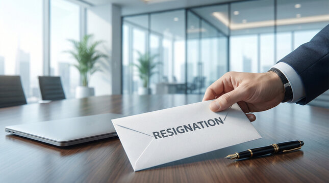 Businessman Hand Holding Resignation Letter Envelope on Office Desk Symbolizing Career Change Quitting Job and Employee Turnover