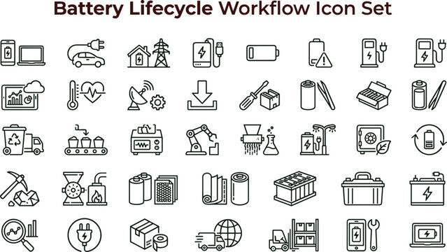 Battery lifecycle workflow outline icon set featuring energy storage recycling production logistics symbols for dashboards apps websites presentations interface design