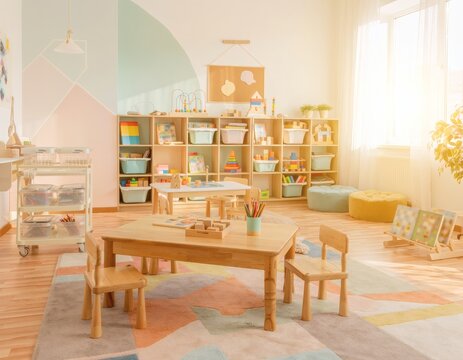 AI Generated Modern Kindergarten Playroom Interior with Wooden Furniture and Toys