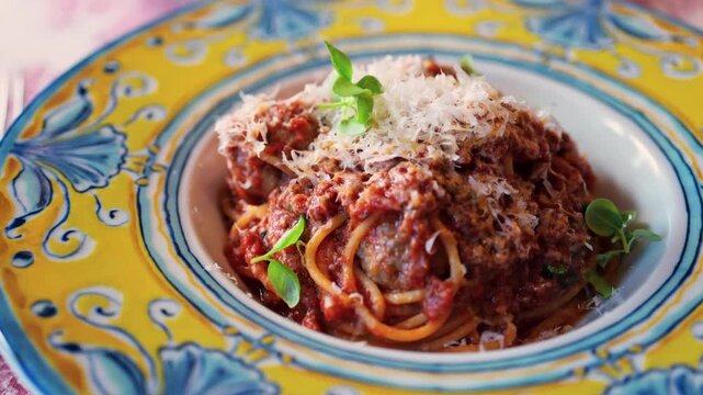 Delicious spaghetti with meatballs and marinara sauce in beautiful ornate plate.