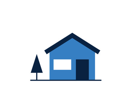 Small suburban house with a triangular roof and a single tree.