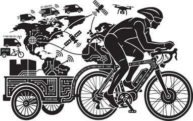 Obraz premium Global Logistics Network Bicycle Traversing World Map Silhouette