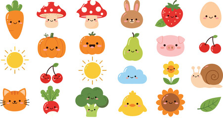 Cute Kawaii Nature and Food Characters Collection with Fruits Vegetables Animals Sun and Flowers Cartoon Illustration Set © MdJillur
