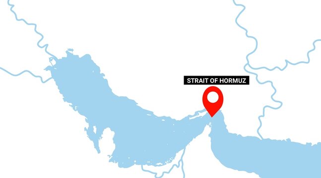 Strait of Hormuz map with gulf countries. Oil crisis in world due to closed of Strait of Hormuz by Iran. Arabian sea nad persian gulf. Energy crisis due to war