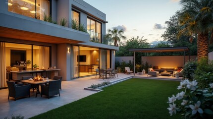 Fototapeta premium A modern luxury backyard at dusk featuring a well-lit patio, outdoor dining, and a cozy lounge area with a fire pit.