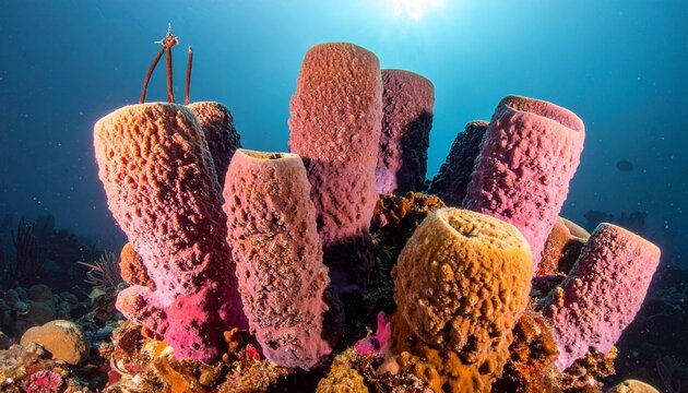 vibrant coral reef textures with sponges and marine life underwater close-up