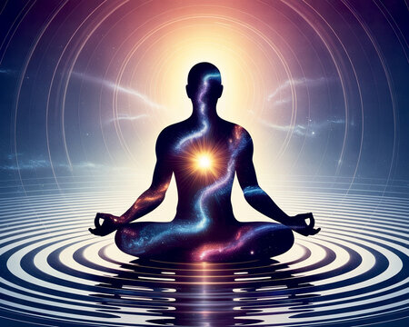 Meditation silhouette with cosmic galaxy, zen yoga pose on water ripples, spiritual enlightenment and inner peace concept, universe energy background