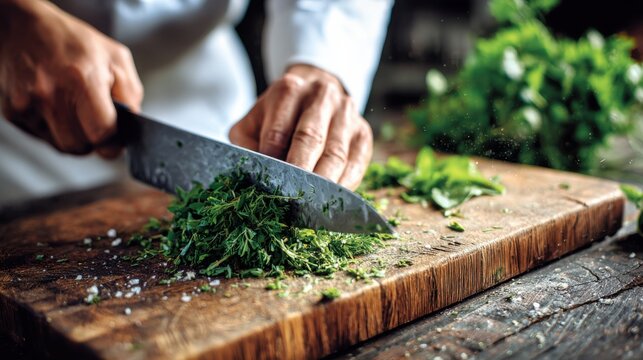 chef hands practicing fine herb chopping technique on classroom board, focused motion with salt flakes and neat piles student training environment, repetition, precision and methodical rhythm