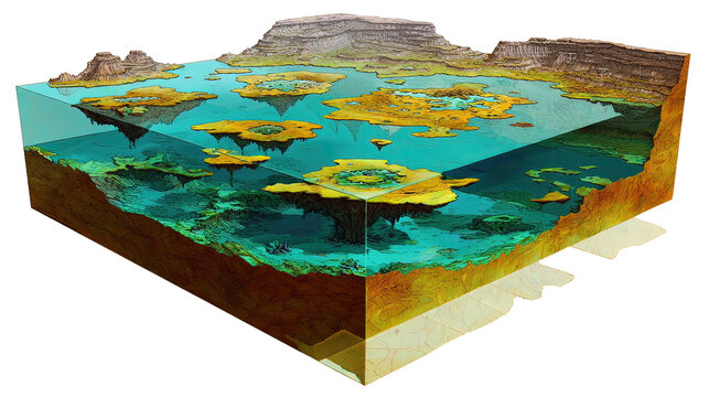 A cutaway Earth core reveals an azure ocean with floating islands, defying natural laws.
