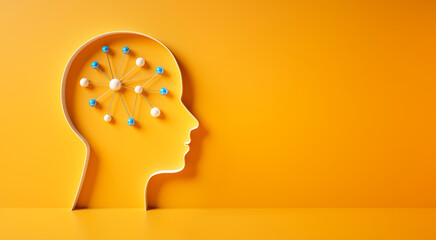 Conceptual artwork showing a 3D silhouette of a head with neural network symbol against yellow wall
