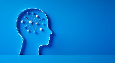 Conceptual artwork showing a 3D silhouette of a head with neural network symbol against blue wall