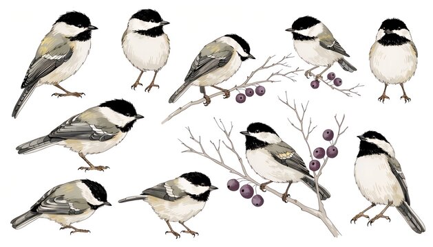 Black-capped Chickadee Collection: Watercolor Illustrations of Birds on Winter Branches with Berries