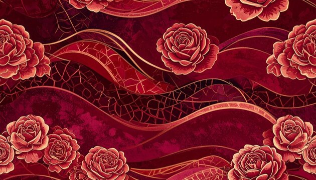 Seamless burgundy rose floral pattern with elegant lattice design for textiles and decor