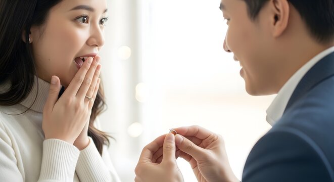 Man proposing marriage to surprised woman indoors offering engagement ring representing love commitment relationship and romantic proposal concept