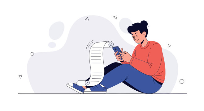 Young man with smartphone and long scroll list, modern illustration, remote work concept