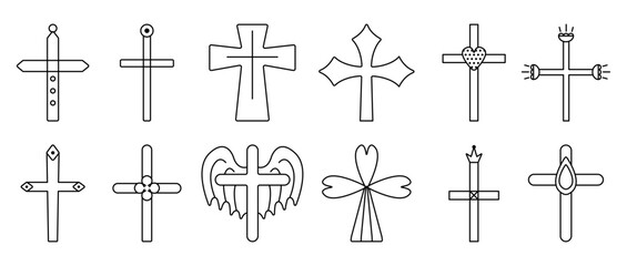 Fototapeta premium Decorated Christian crosses, black line icon set. Monochrome outline creative sign collection, editable stroke isolated religious symbols, linear various cliparts