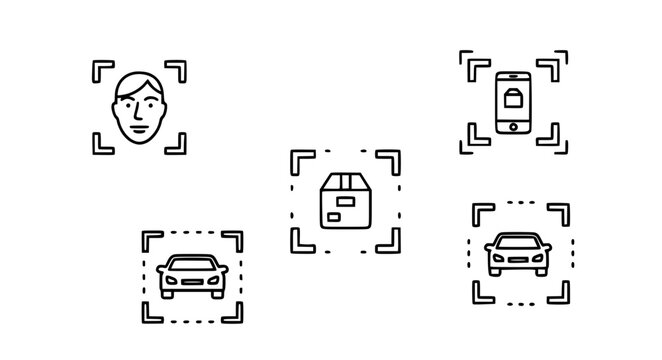 Object Detection Focus Icons Vector with AI Vision Frames for Faces and Products