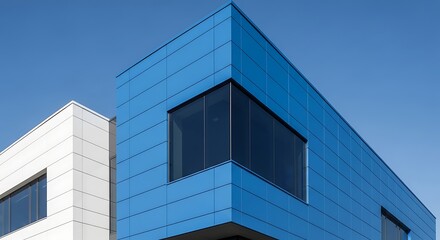 Obraz premium Corner view of a building exterior with blue and white rectangular metal panel cladding
