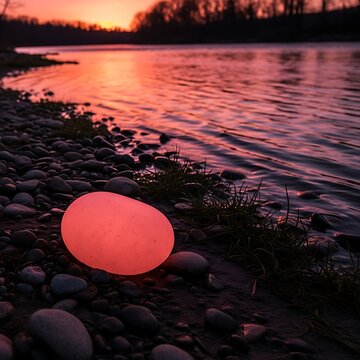 Glowing Red Orb on Rocky Riverbank at Sunset.