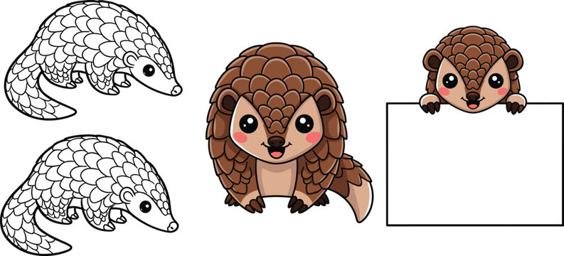 Vector Illustration Set of Adorable Pangolin Character, Including Different Poses and Expressions, for Animal, Wildlife, and Cartoon Design Projects