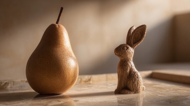 A Perfectly Formed Pear and a Wooden Rabbit Sculpture Sit Together on a Textured Surface