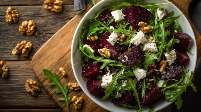 Beetroot, arugula, feta cheese and walnut salad in a bowl