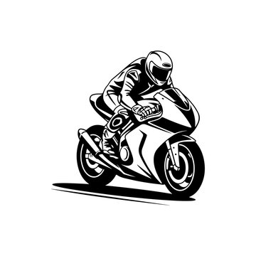 A black and white vector illustration of a motorcyclist in a racing tuck on a sportbike. Dynamic silhouette perfect for motorsport, speed, and racing-themed branding.