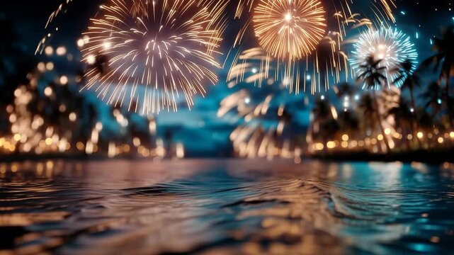 Majestic midnight symphony of golden fireworks over tropical lagoon symbolizing grand success and unforgettable magic