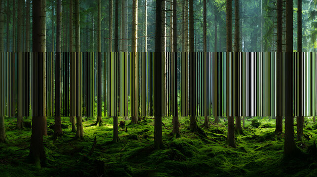 Abstract conceptual image featuring a green forest scene with a central section of pixel-sorted digital barcode lines. A unique blend of nature and technology. Stock photo.