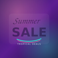 Fototapeta premium Summer sale banner, tropical deals promotion, colorful discount label, purple gradient background