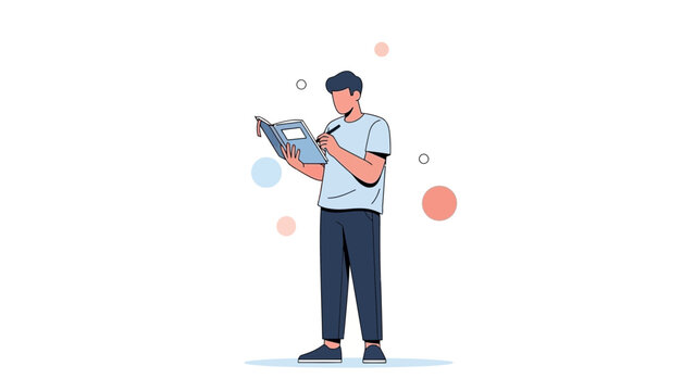 Young man writing in a notebook, studying, planning, or journaling, minimalist illustration