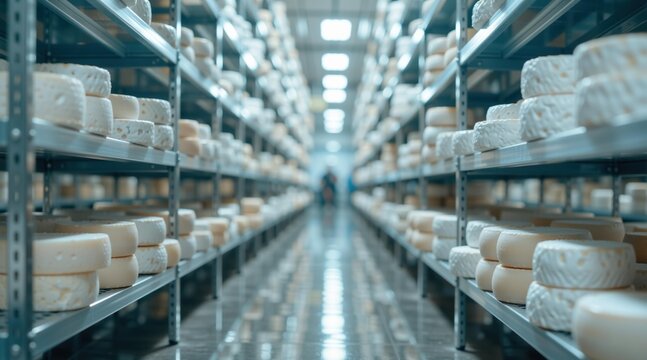 Rows of cheese maturing on industrial metal shelving in a dairy warehouse. Professional production of food products in a cold room. Agribusiness concept for dairy and food manufacturing.